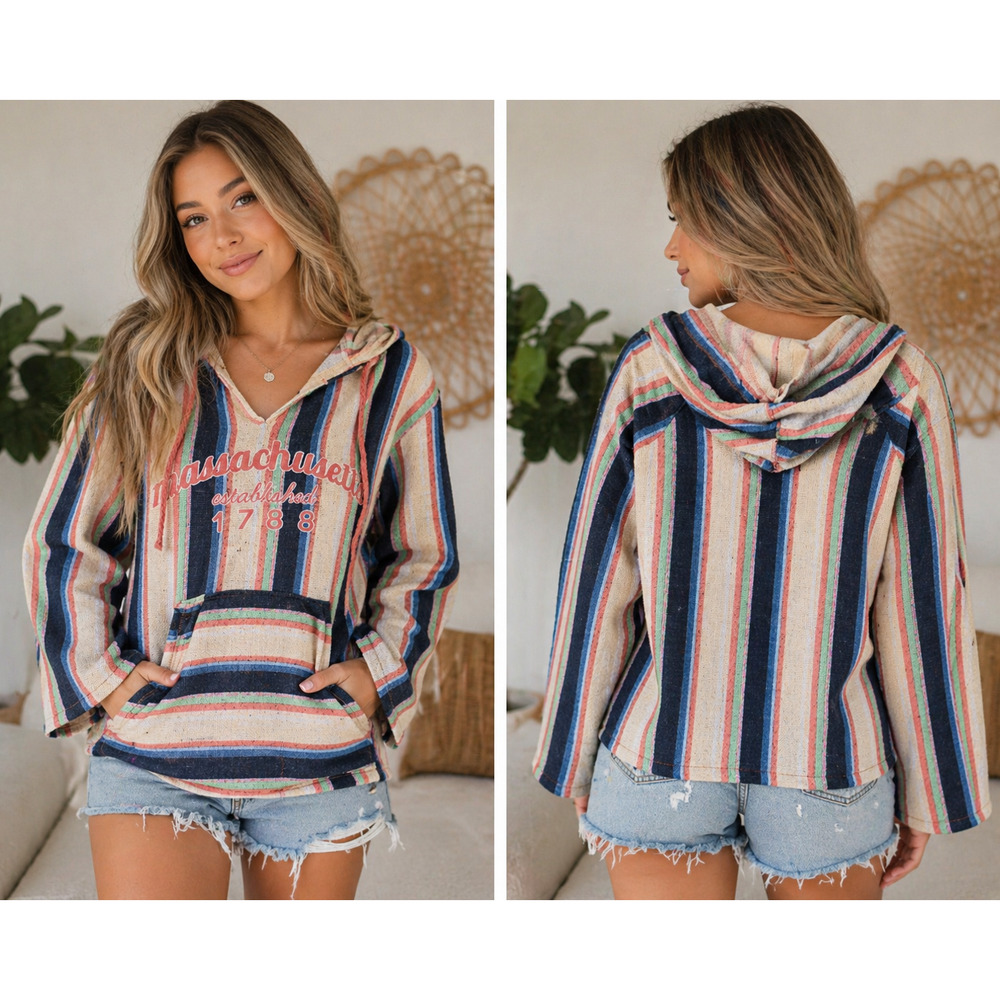 American Crown Baja Hoodie Striped Drug Rug Festival Hippie Surfer Sweater L